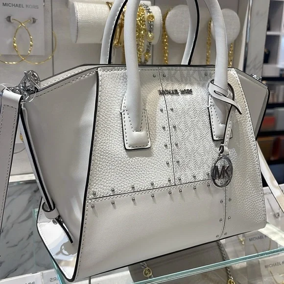 Michael Kors Avril Small Studded Patchwork and Signature Logo Satchel Crossbody - Picture 13 of 16